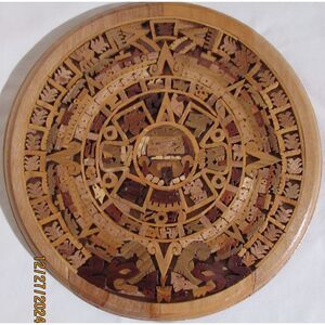 Aztec Mayan inlaid mosaic wood calendar wall hanging Mexico carved gallery wall